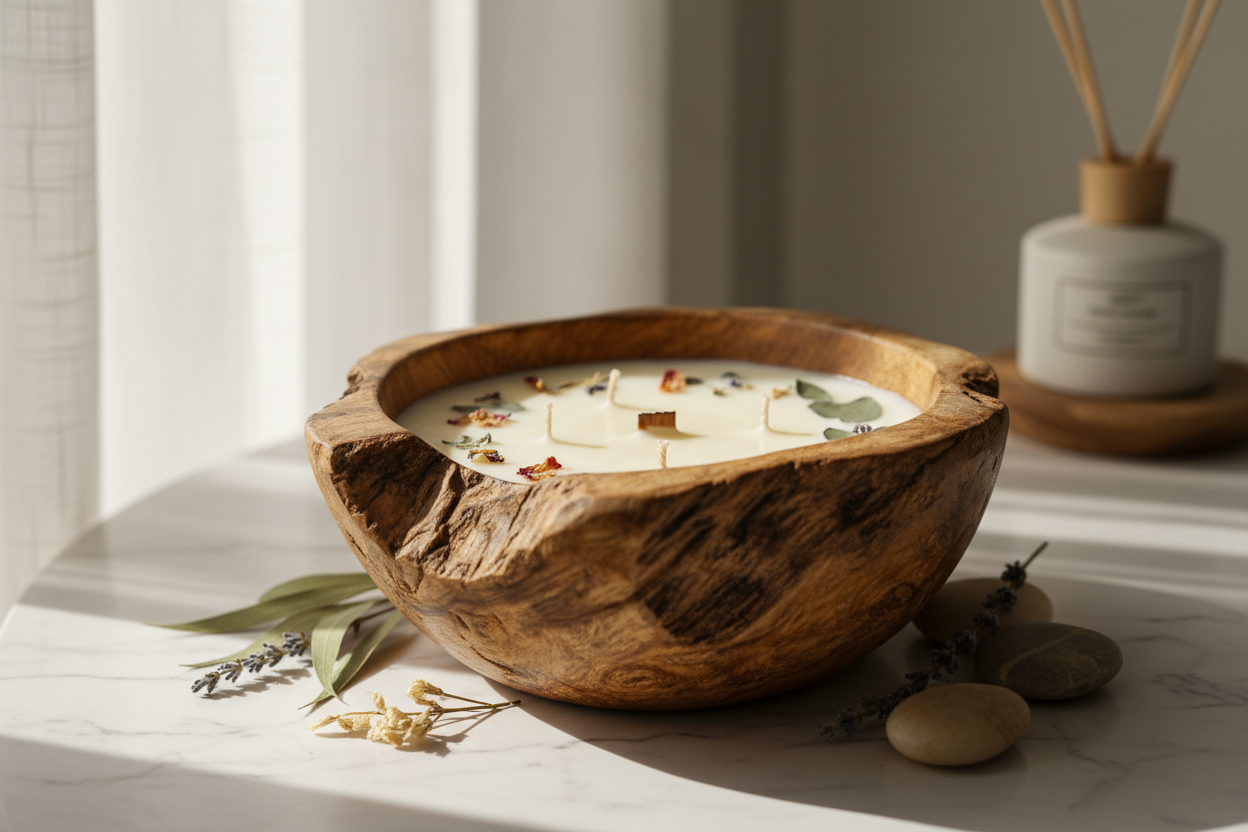 Candles in Wooden Bowls