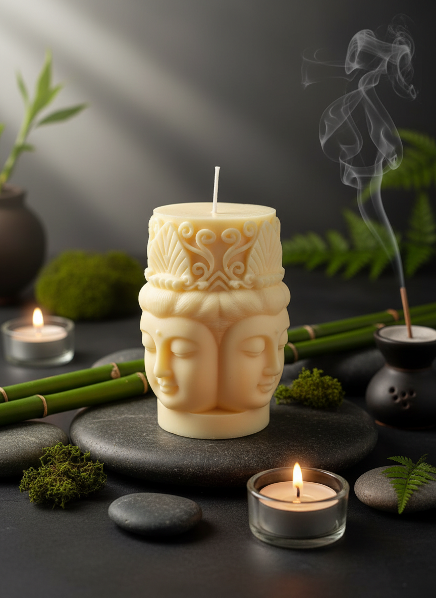 Handcrafted Multi-Face Buddha Soy Wax Candle – Mildly Scented & Perfect for Décor